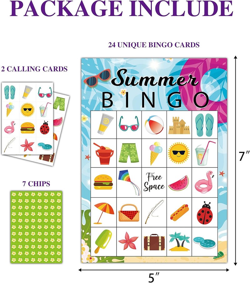 Disfuco Summer Bingo Cards, Summer Party Games Bingo Cards for Birthday Party, Beach Party Favors Supplies Decorations, 24 Players Bingo Game (A01) - Image 2